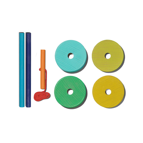 four wheel shaped blocks and three sticks