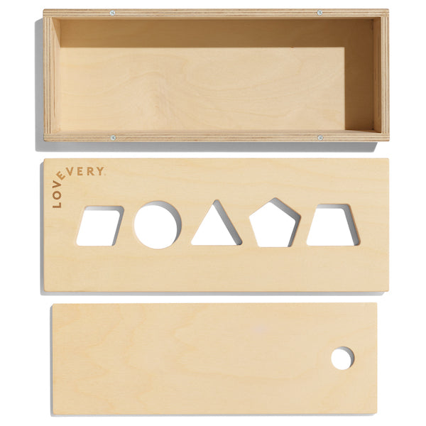 rectangle box three pieces: bottom, solid lid and shape sorting lid with shapes cut out