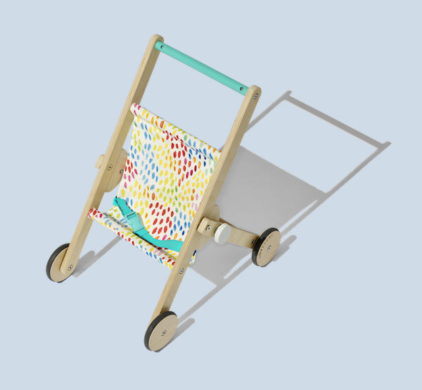 wooden stroller with colourful material seat for doll
